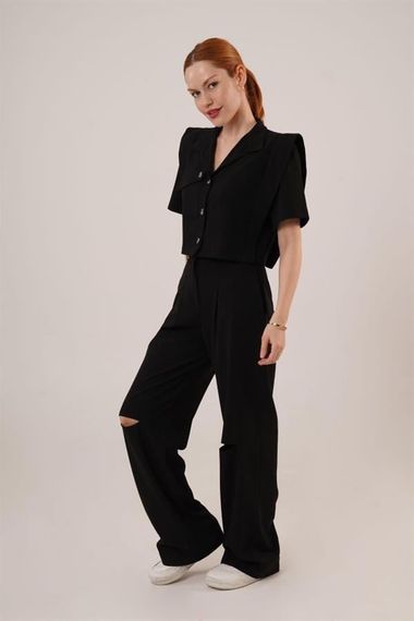 Cepli Düğmeli Bluz Ve Diz Detaylı Pantolon Siyah İkili Takım - фото 3