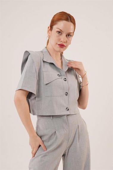 Cepli Düğmeli Bluz Ve Diz Detaylı Pantolon Gri İkili Takım - صورة 2