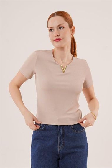 Kısa Kollu Yaka Detaylı Kaşkorse Taş Bluz - fotoğraf 1