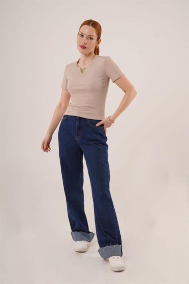 Kısa Kollu Yaka Detaylı Kaşkorse Taş Bluz - fotoğraf 3