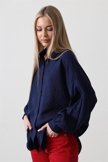 Çizgili Uzun Kol Gömlek - Lacivert - photo 2