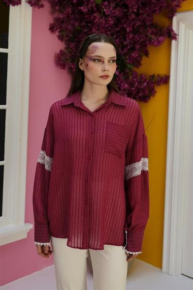 Dantel Detaylı Gömlek - Vişne - фото 3