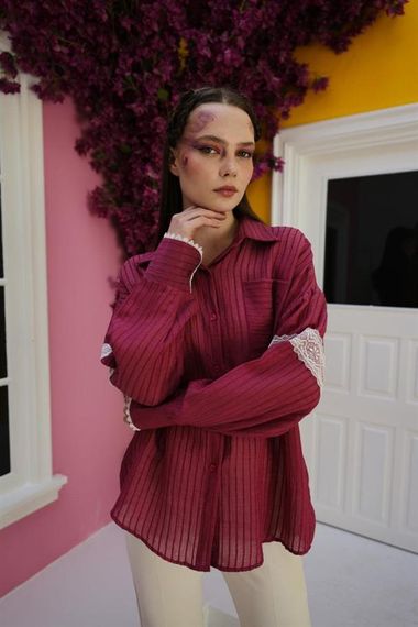 Dantel Detaylı Gömlek - Vişne - фото 4