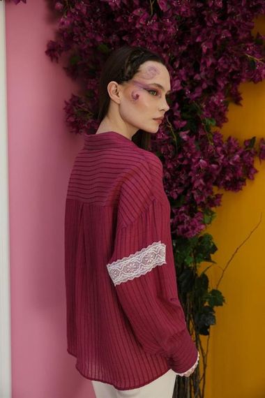 Dantel Detaylı Gömlek - Vişne - фото 2