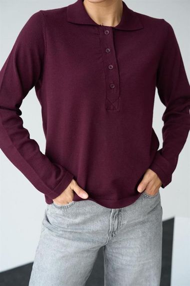 Önü 4 Düğme Polo Yaka Kazak - Bordo - фото 1