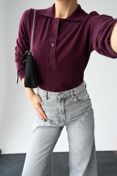 Önü 4 Düğme Polo Yaka Kazak - Bordo - фото 3