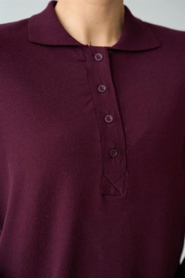 Önü 4 Düğme Polo Yaka Kazak - Bordo - фото 2