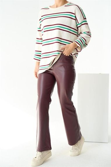Çizgili Triko Kazak - Ekru-Bordo - صورة 5