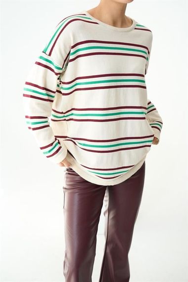 Çizgili Triko Kazak - Ekru-Bordo - صورة 2