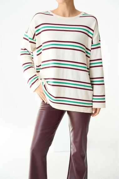 Çizgili Triko Kazak - Ekru-Bordo - صورة 1