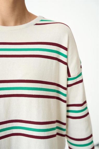 Çizgili Triko Kazak - Ekru-Bordo - صورة 4