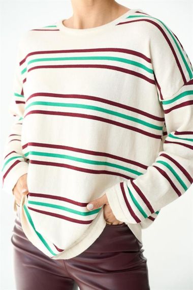 Çizgili Triko Kazak - Ekru-Bordo - صورة 3