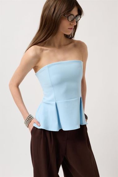 Pileli Straplez Bluz - fotoğraf 4