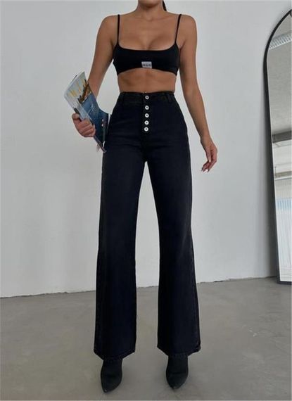 DÜĞMELİ KOT PANTOLON - Siyah