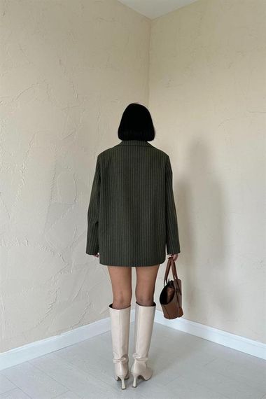 Haki Çizgili Oversize Ceket - fotoğraf 4