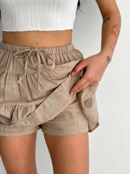 Keten Şortlu Etek - Açık Kahve - fotoğraf 4