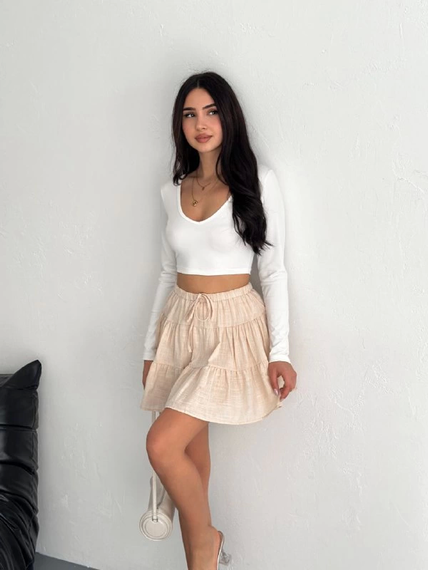Keten Şortlu Etek - Bej - صورة 2