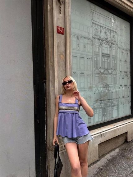 HASIR ŞERİTLİ ASKILI BLUZ - Mor - фото 1