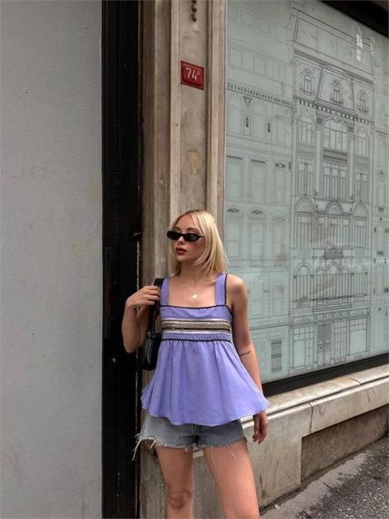 HASIR ŞERİTLİ ASKILI BLUZ - Mor - фото 3