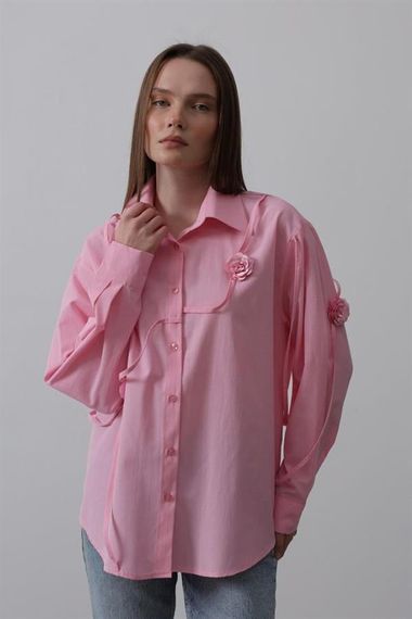 Çiçekli Oversize Gömlek - Pembe - photo 4
