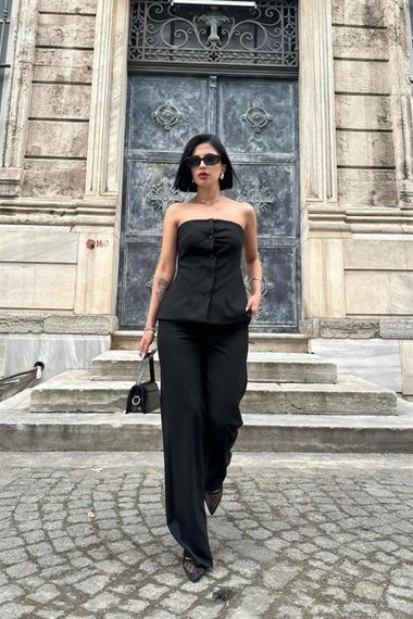 Siyah Straplez Düğmeli Crop Ve Pantolon Takım - фото 1