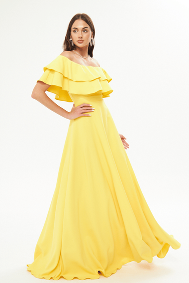 فستان سهرة واسع بكتف منخفض وطبقة مزدوجة وكشكشة وياقة كارمن وطول طويل وفستان تخرج - أصفر - صورة 1
