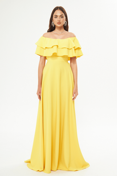 فستان سهرة واسع بكتف منخفض وطبقة مزدوجة وكشكشة وياقة كارمن وطول طويل وفستان تخرج - أصفر - صورة 3