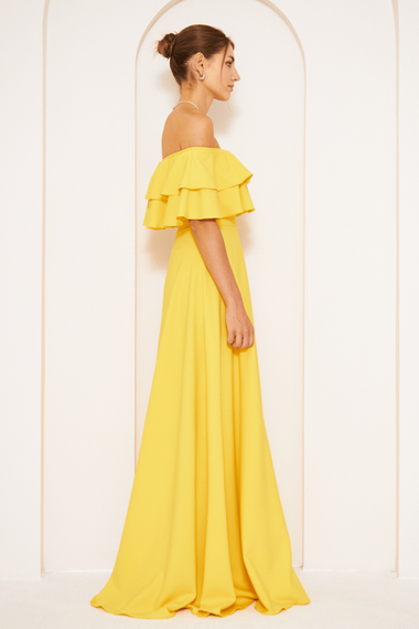 فستان سهرة واسع بكتف منخفض وطبقة مزدوجة وكشكشة وياقة كارمن وطول طويل وفستان تخرج - أصفر - صورة 4