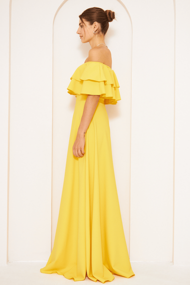فستان سهرة واسع بكتف منخفض وطبقة مزدوجة وكشكشة وياقة كارمن وطول طويل وفستان تخرج - أصفر - صورة 5