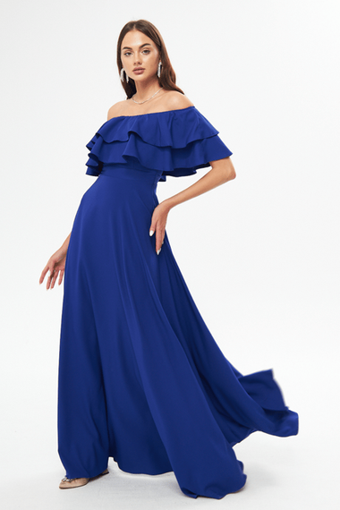 فستان سهرة واسع بكتف منخفض وطبقة مزدوجة وكشكشة وياقة كارمن وطول طويل وفستان تخرج - أزرق ملكي - صورة 5