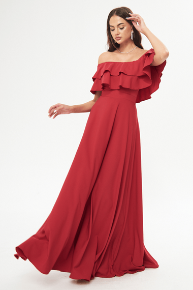 فستان سهرة واسع بكتف منخفض وطبقة مزدوجة وكشكشة وياقة كارمن وطول طويل وفستان تخرج - أحمر - صورة 2