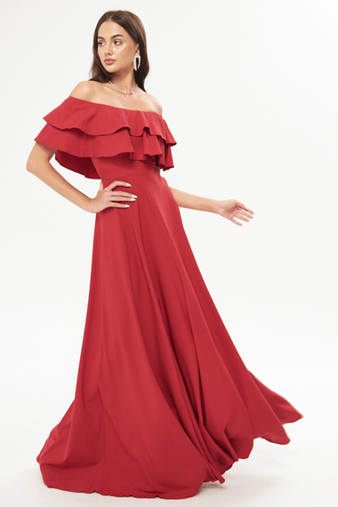 فستان سهرة واسع بكتف منخفض وطبقة مزدوجة وكشكشة وياقة كارمن وطول طويل وفستان تخرج - أحمر - صورة 1