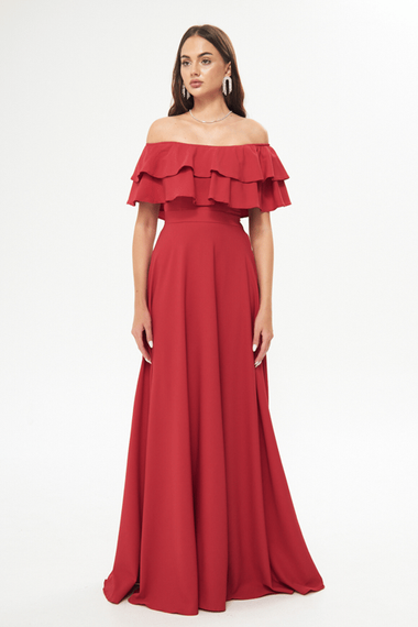 فستان سهرة واسع بكتف منخفض وطبقة مزدوجة وكشكشة وياقة كارمن وطول طويل وفستان تخرج - أحمر - صورة 3