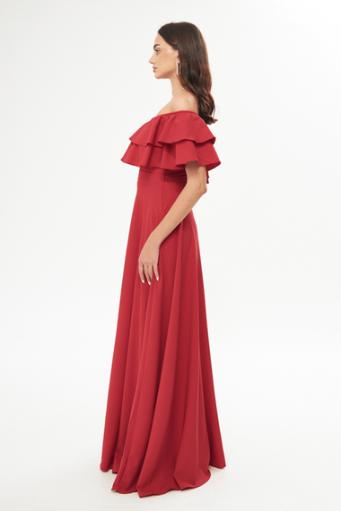 فستان سهرة واسع بكتف منخفض وطبقة مزدوجة وكشكشة وياقة كارمن وطول طويل وفستان تخرج - أحمر - صورة 4