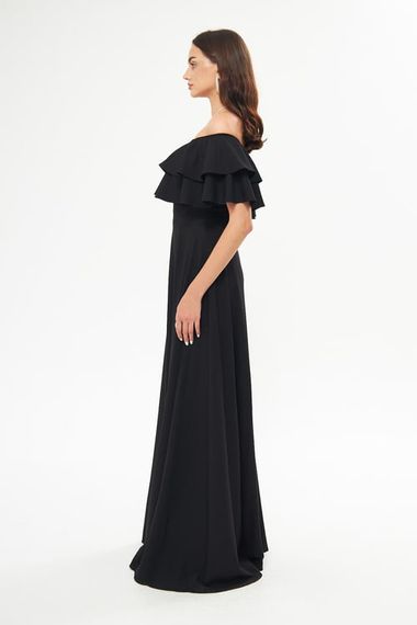 فستان سهرة واسع بكتف منخفض وطبقة مزدوجة وكشكشة وياقة كارمن وطول طويل وفستان تخرج - أسود - صورة 4