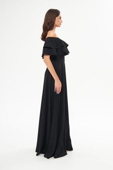 فستان سهرة واسع بكتف منخفض وطبقة مزدوجة وكشكشة وياقة كارمن وطول طويل وفستان تخرج - أسود - صورة 3