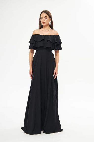 فستان سهرة واسع بكتف منخفض وطبقة مزدوجة وكشكشة وياقة كارمن وطول طويل وفستان تخرج - أسود - صورة 2