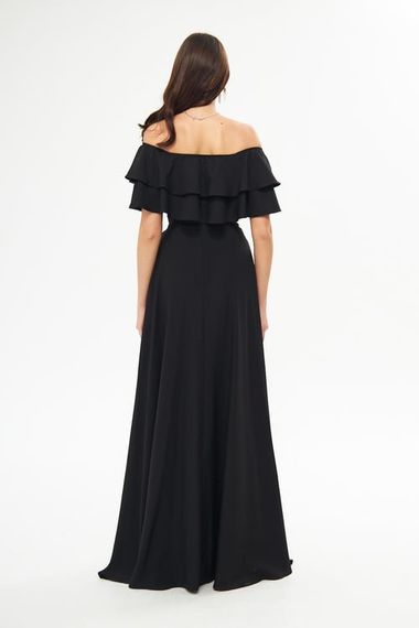 فستان سهرة واسع بكتف منخفض وطبقة مزدوجة وكشكشة وياقة كارمن وطول طويل وفستان تخرج - أسود - صورة 5