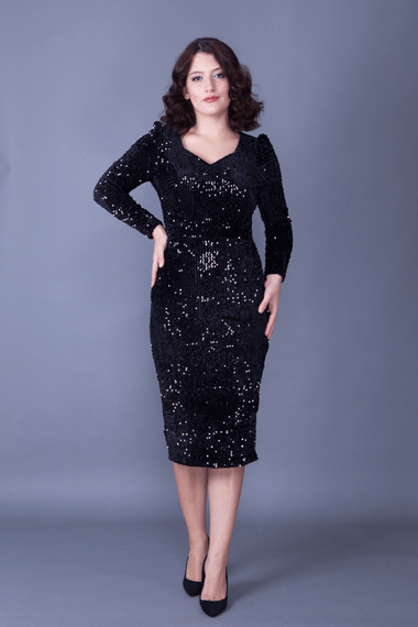 فستان سهرة من القماش المخملي المرن بأكمام طويلة وطول متوسط الطول وفستان للدعوة والتخرج - أسود - صورة 1