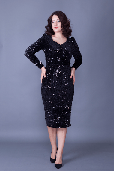 فستان سهرة من القماش المخملي المرن بأكمام طويلة وطول متوسط الطول وفستان للدعوة والتخرج - أسود - صورة 3