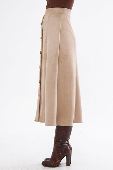 Beige Buttoned Stretchy Scuba Suede Midi Skirt - photo 4