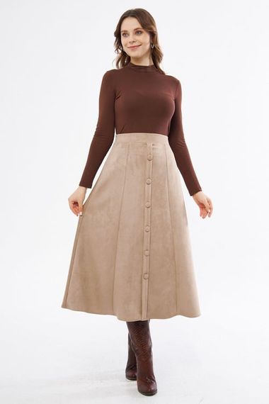 Beige Buttoned Stretchy Scuba Suede Midi Skirt - photo 2