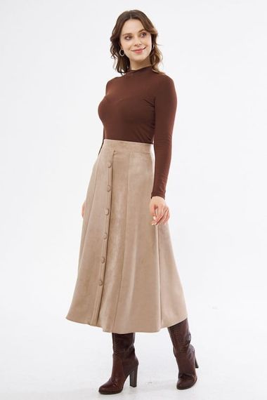 Beige Buttoned Stretchy Scuba Suede Midi Skirt - photo 1