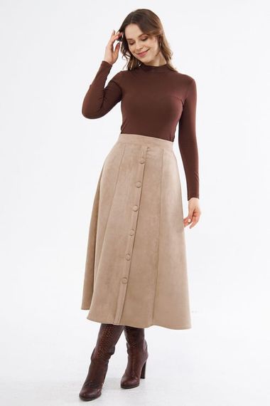 Beige Buttoned Stretchy Scuba Suede Midi Skirt - photo 5