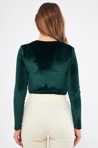 Emerald Ruffle Detail Long Sleeve Flexible Velvet Fabric Snap Fastener Body - photo 5