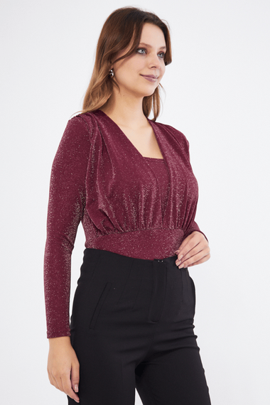 Burgundy Ruffle Detail Long Sleeve Glittered Flexible Fabric Knitted Snap Fastener Body - photo 3