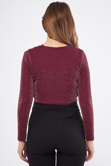 Burgundy Ruffle Detail Long Sleeve Glittered Flexible Fabric Knitted Snap Fastener Body - photo 5