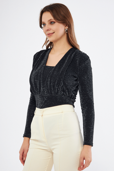 Black Gather Detail Long Sleeve Glittered Flexible Fabric Knitted Snap Fastener Body - photo 1