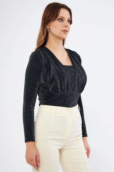 Black Gather Detail Long Sleeve Glittered Flexible Fabric Knitted Snap Fastener Body - photo 2