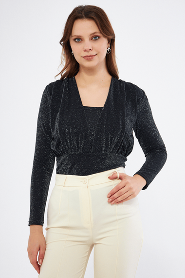 Black Gather Detail Long Sleeve Glittered Flexible Fabric Knitted Snap Fastener Body - photo 3